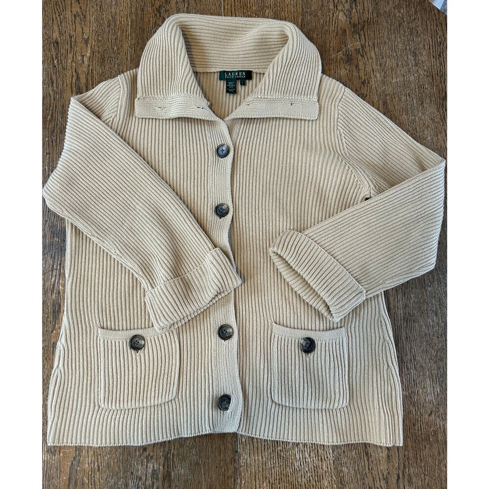 Lauren Ralph Lauren Ribbed Button up Cardigan Camel Color Sz L Cotton Cuff Slv